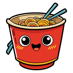Cute ramen in a red cup with happy face.
