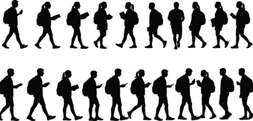 Silhouette of Students Walking and Reading, Male and Female Characters with Backpacks, Vector Collection for Education, School, College, and Urban Life