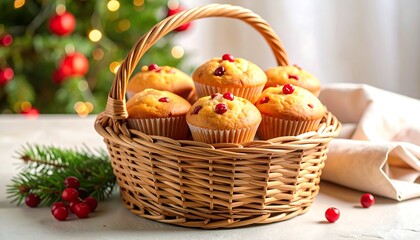 Muffins in Basket with Christmas Tree Background Festive Holiday Treat