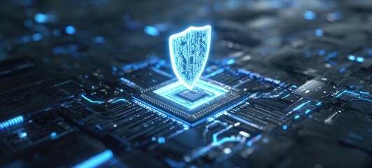 The Holographic Shield Over a Microchip Representing Advanced Cybersecurity Protection