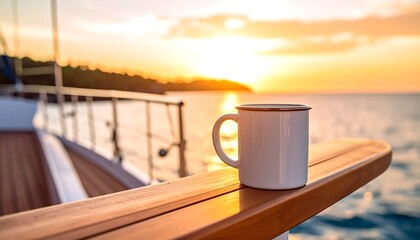 Mug Enjoying Ocean View on Boat Deck at Sunset Vacation Getaway