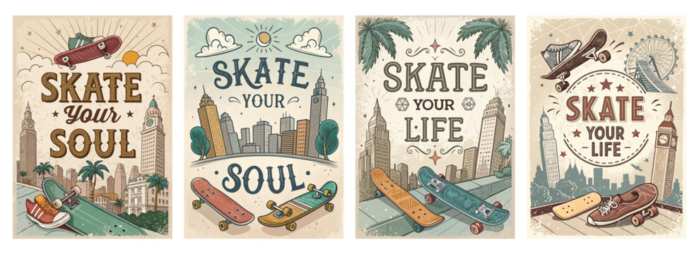 Colorful skateboarding-themed illustrations featuring vibrant cityscapes and motivational slogans.