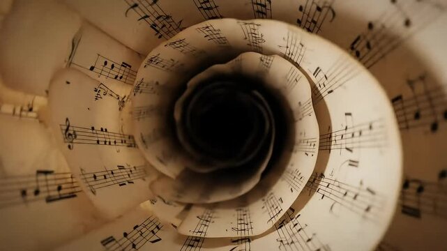 Intriguing musical composition unfolding with rhythmic notes in a swirling vortex of artistic sound and creative expression