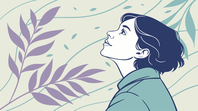 Woman looking upward, hopeful, amidst nature.
