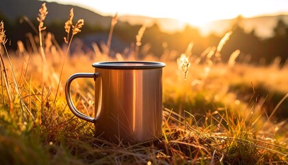 Mug on Grass at Sunrise Golden Hour Nature Scene