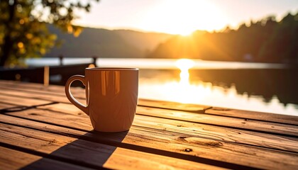 Mug on Wooden Deck with Lake and Sunrise View Relaxing Morning