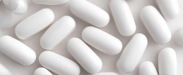 The White Pills Scattered on a Clean Surface Creating a Minimal Medical Background