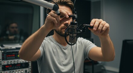 Man adjusting a microphone in a recording studio. Focused on sound quality and precision. Professional audio environment with equipment.
