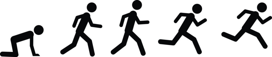 Stick figure running sequence showing start to sprint stages, simple black silhouette illustration of human motion and athletic movement progression