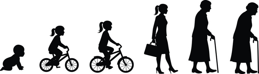 Silhouette evolution of female life stages from crawling baby to elderly woman, vector illustration showing growth, aging, and lifestyle changes