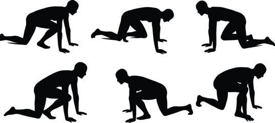 Silhouette sequence of male athlete in starting crouch position preparing to sprint, vector illustration showing track running start posture stages