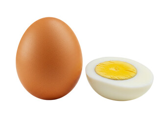 Brown egg whole and boiled cut in half on transparent background food ingredient