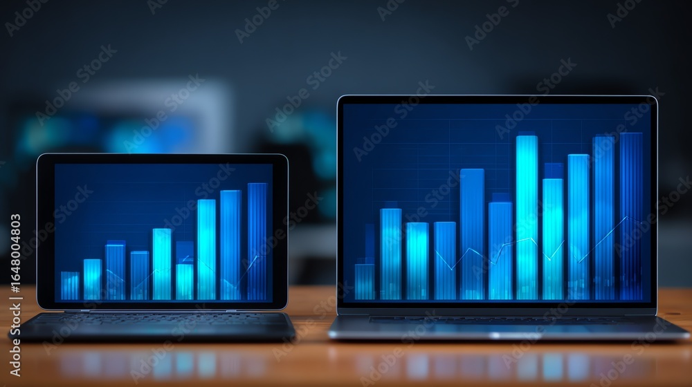 Aufkleber two illuminated laptop displays showcase ascending bar graphs in vibrant blue hues, suggesting growt