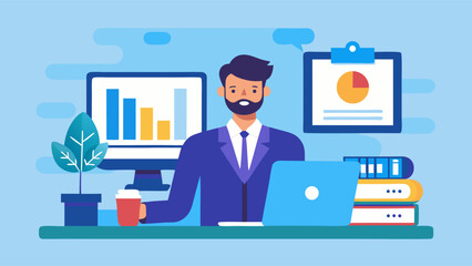 Businessman working at a desk, surrounded by graphs and reports.
