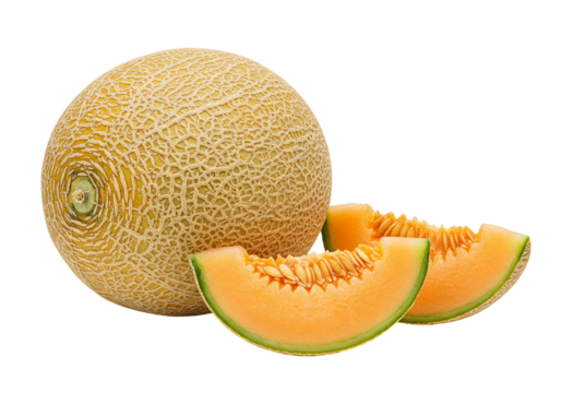 Cantaloupe melon still life with slices on transparent background