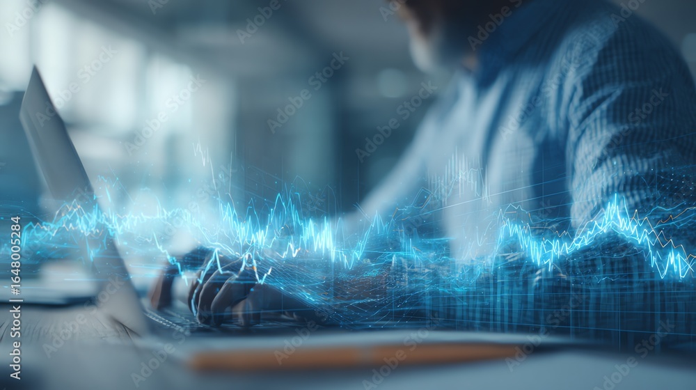 Aufkleber a focused professional analyzes complex data streams projected from a laptop, visualizing market tre