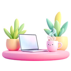 Cozy 3D Render of Laptop, Plants, and Coffee on Pink Table