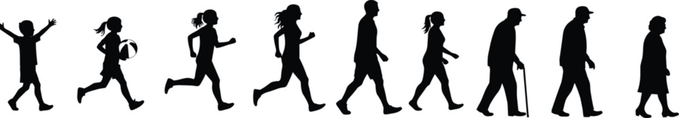 human life stages silhouette, childhood to old age evolution, growing up process illustration, people aging concept, generational timeline graphic, aging stages art