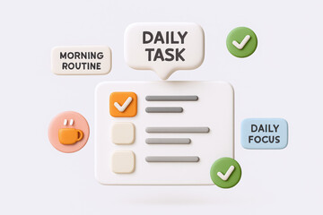 Colorful daily task checklist with icons emphasizing morning routine and daily focus.