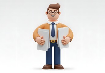 Cheerful office worker with glasses carrying a heavy workload of documents, 3D cartoon character isolated on white