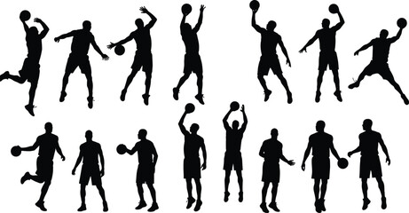 Silhouettes of Basketball Players in Action Poses, Dribbling, Shooting, Passing and Dunking, Dynamic Sports Vector Illustration
