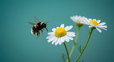 Obraz premium Bumblebee in flight approaching daisies against turquoise background