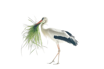 Fototapeta premium A beautiful stork carrying a bundle of grass, showcasing its elegant plumage and graceful posture.