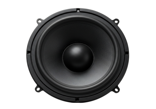 Close up of circular audio speaker on transparent background acoustic sound equipment