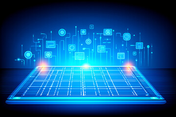 Fototapeta premium Futuristic Blue Holographic Interface Platform with Circuit Grid and Data Icons
