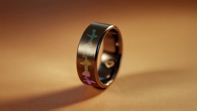 Detailed medium shot capturing a smart rings minimalistic design heartrate variability visualized on its surface set against an outoffocus warm background to evoke wellness.