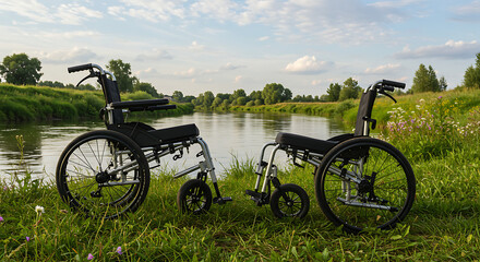 Fototapeta premium Two empty wheelchairs sit side-by-side on a grassy bank beside a calm river in daylight.