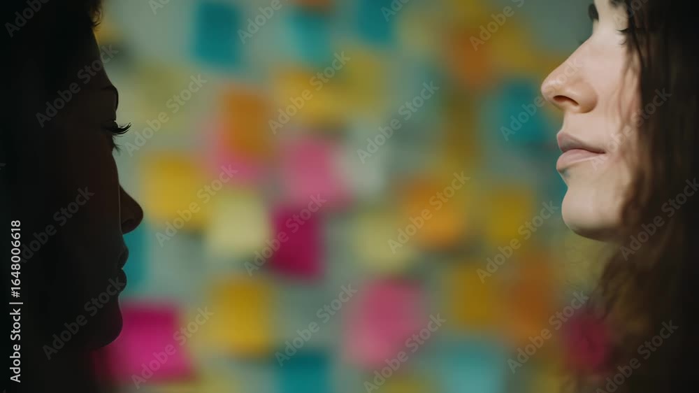 Poster artistic medium shot capturing a designers focused face with a storyboard sketch wall behind main fa