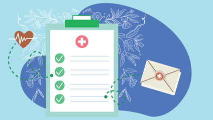 Medical checklist. Flat design vector. Illustration of Patient test results document. Green checkers. Medical document.