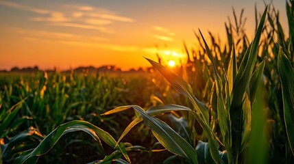 Sunset Cornfield, Unripe Corn, Green Maize, Agricultural Scene, Summer Harvest, Rural Landscape, Golden Hour Photography .