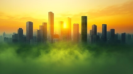 City skyline rising above a layer of smog at sunrise.