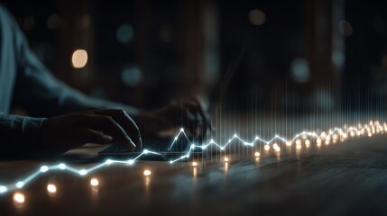 A person interacts with a digital interface displaying a glowing line graph, symbolizing data analysis and technological advancement in a dimly lit setting.