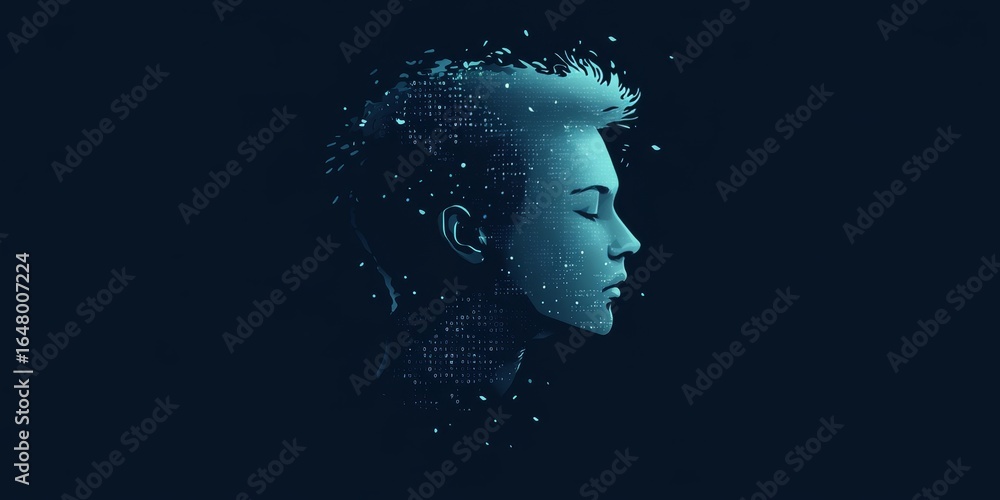 Poster stylized head silhouette with motherboard patterns and binary code in turquoise and cyan colors
