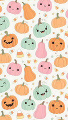Obraz premium Kawaii Halloween Pumpkins Pattern Cute Autumn Fall Seasonal Decorations for Festive Celebrations
