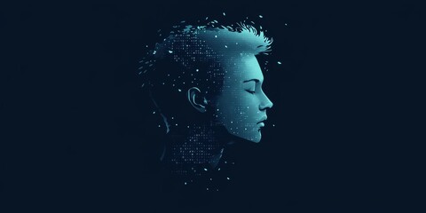 Stylized Head Silhouette with Motherboard Patterns and Binary Code in Turquoise and Cyan Colors