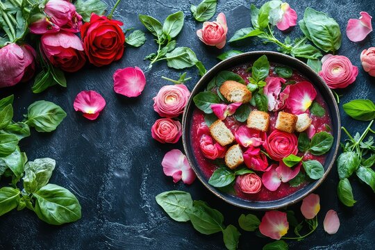 Bowl of fresh gazpacho with croutons, on a rustic table with fresh vegetables and herbs scattered around