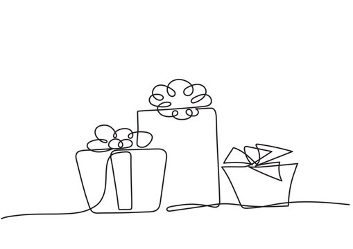 Three holiday boxes in single-line vector graphics