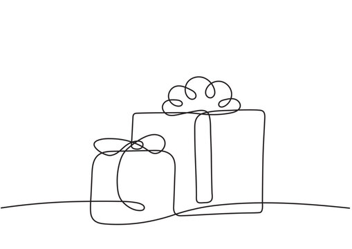 Two stylized gift boxes with ribbons in single-line vector graphics