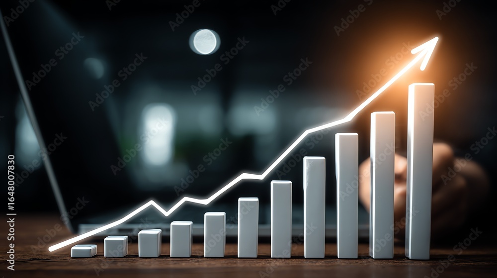 Poster a conceptual image depicts increasing growth and success, symbolized by illuminated bars rising alon