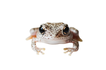 Close-up of a vibrant tree frog with distinctive patterns and large eyes against a neutral background.