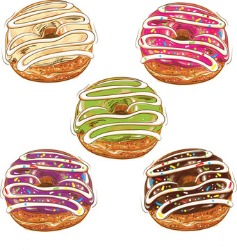 Set of Colored Isolated Sketches of Glazed Donuts in Vector Clip Art