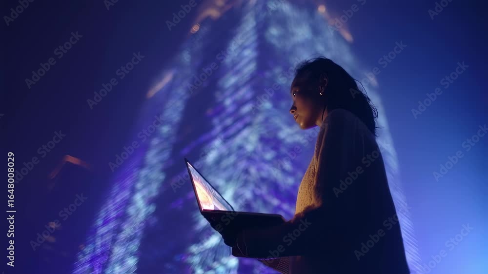 Poster medium shot highlighting a team member holding a laptop intricate light patterns on a towering build