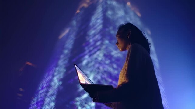 Medium shot highlighting a team member holding a laptop intricate light patterns on a towering building softly out of focus showcasing the techdriven creativity behind guerrilla