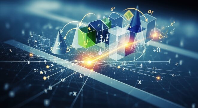 Abstract visualizations of linear programming concepts featuring graphs geometric shapes and data flow elements to illustrate optimization terminology in a modern and professional