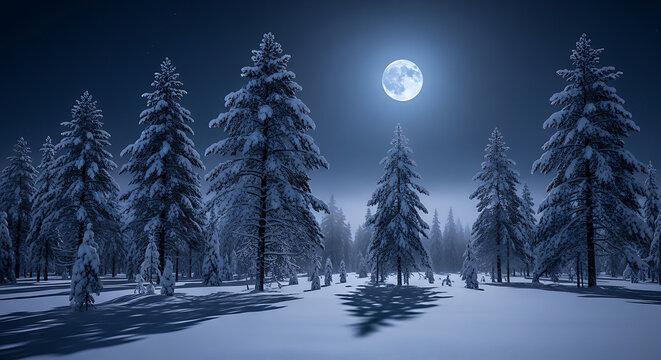 Enchanted winter forest under a full moon