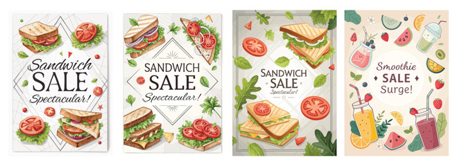 Vibrant illustrations of sandwich and smoothie sale posters featuring fresh ingredients and enticing designs.